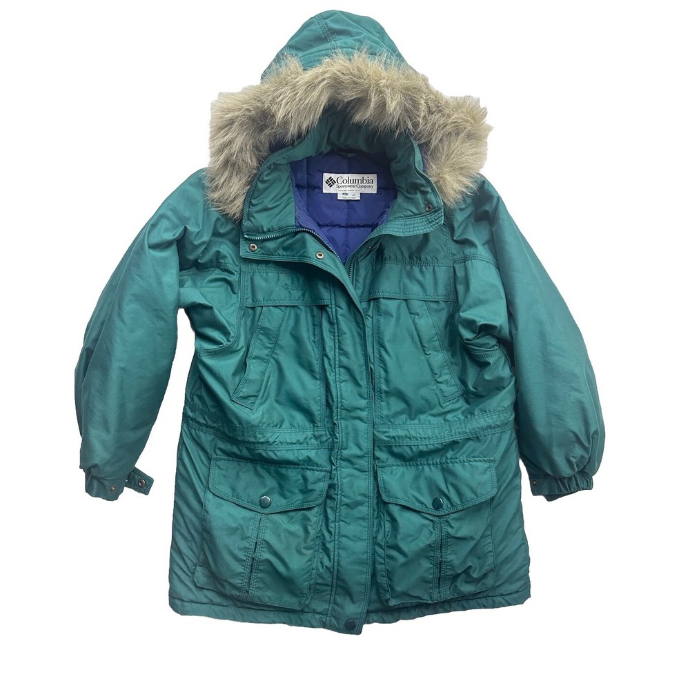 Vintage 90's Columbia Fur Hooded Jacket Green Womens M Blue Lined Winter Coat